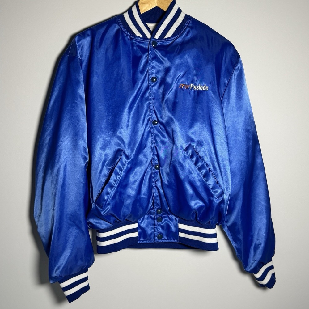 VTG Holloway Retro Blue Satin Bomber Jacket ITW Paslode Embroidered Size L 80's